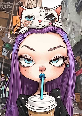 Girl with Cat and Coffee