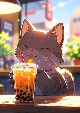 Happy Cat with Bubble Tea