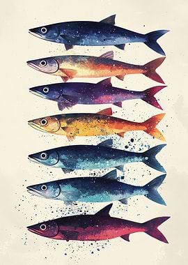 Colorful Fish Stacked Illustration | Watercolor Fish Decor