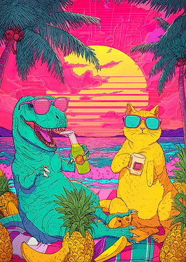 Dinosaur and Cat Beach Vacation