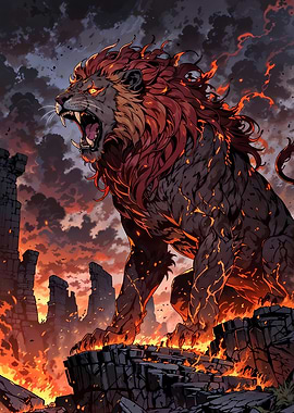 Fiery Lion King Roaring on Stone Ruins