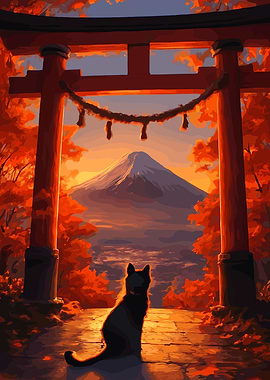 Cat gazing at Mount Fuji through Torii