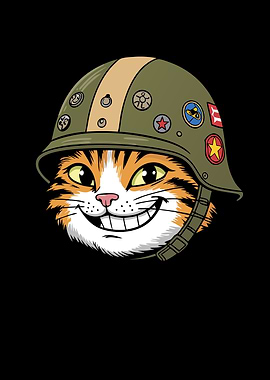 Cartoon Cat Wearing Military Helmet