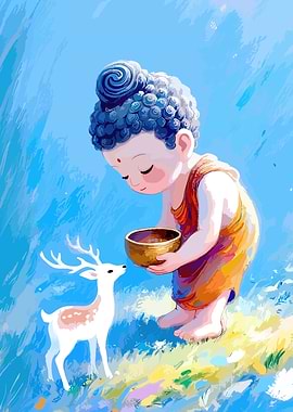 Baby Buddha and Deer Illustration