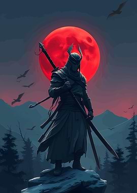 Warrior with Swords under Red Moon