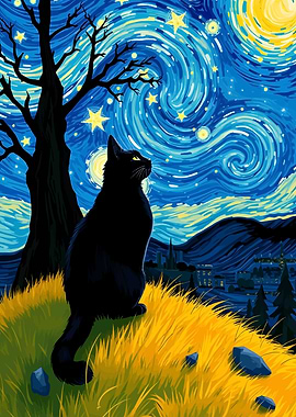 Black Cat Starry Night Art