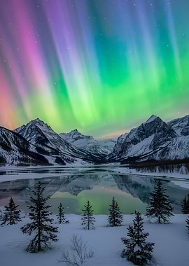 Aurora Borealis over Snowy Mountains