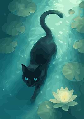 Black Cat in Lily Pond Illustration
