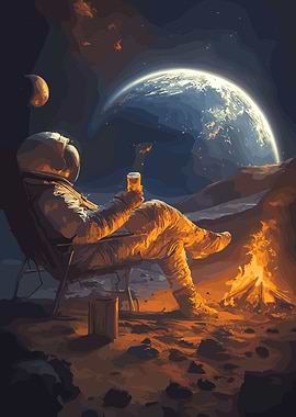 Astronaut Relaxing with Beer on Moon