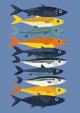 Colorful Stacked Fish Illustration | Blue Tone Fish Line-Up