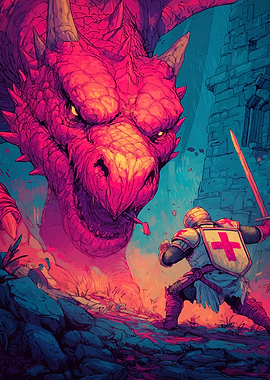 Knight Facing a Giant Red Dragon