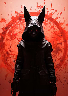 Hooded Cat Warrior with Red Backdrop