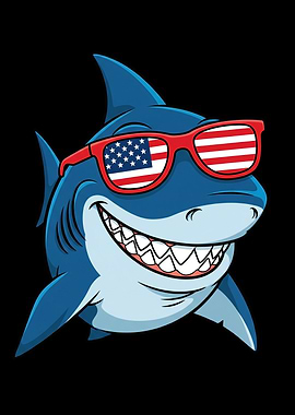 Patriotic Cute Shark with American Flag Sunglasses For Summer