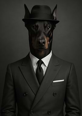 Doberman in Mafia Suit and Fedora Hat