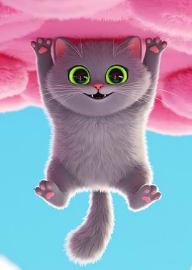 Cartoon Cat Hanging From Pink Cloud