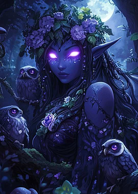 Mystical Elf with Owls in Forest