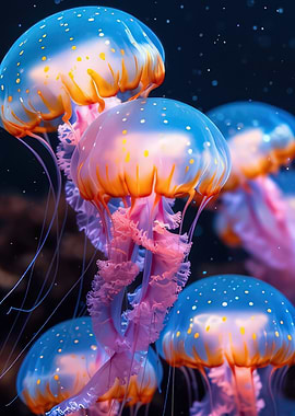Glowing Jellyfish in Deep Blue Sea