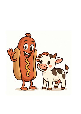 Cartoon Hotdog and Cow Illustration