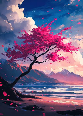 Pink Blossom Tree by the Sea