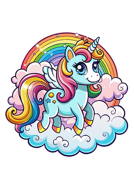 Cute Unicorn with Rainbow and Clouds