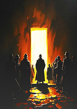Mysterious Gathering at a Bright Doorway