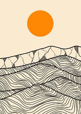 Minimalist Mountain Landscape with Orange Sun
