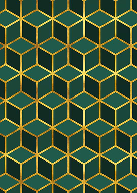 Emerald Cubes with Gold Lines Pattern