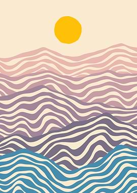 Abstract Striped Mountain Landscape with Sun