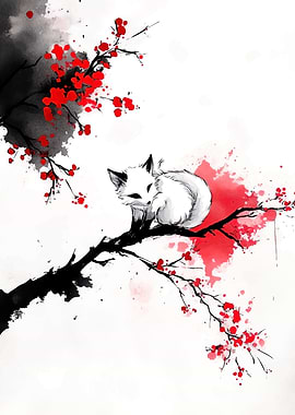 Fox on Cherry Blossom Branch