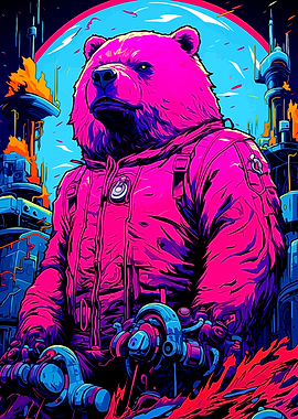 Cyberpunk Bear in Futuristic Cityscape