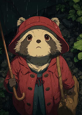 Raccoon in Red Coat in Rain