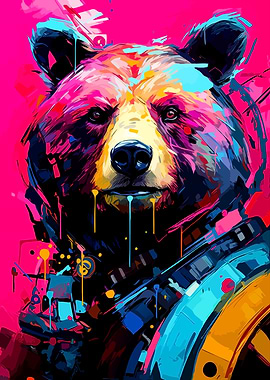 Colorful Bear Portrait with Abstract Elements