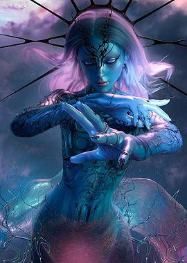 Blue-skinned sorceress with crown of thorns