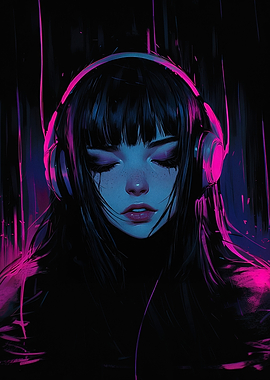 Girl with Headphones in Neon Light
