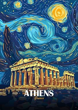 Athens Greece Starry Night Art