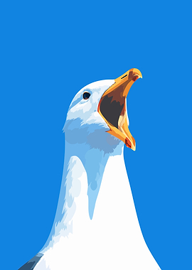 Screaming Seagull on Blue Minimalist Art Illustration