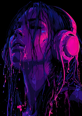 Woman with Headphones in Neon Colors