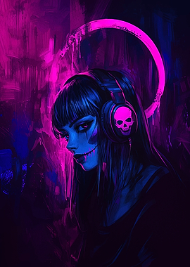 Cyberpunk Girl with Skull Headphones