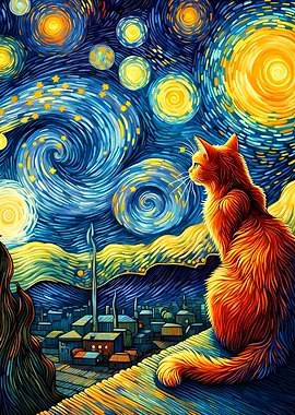 Cat gazing at Starry Night