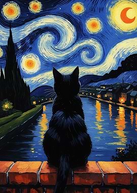 Black Cat Starry Night Painting