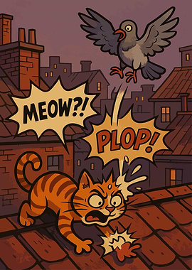 Cartoon Cat and Pigeon Rooftop Mishap
