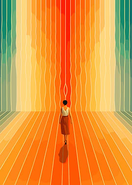 Woman Walking in Colorful Striped Room