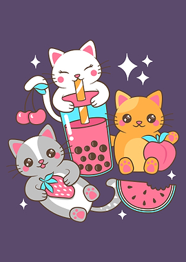 Cute Cats with Fruits and Boba