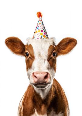 Cow with Birthday Hat Portrait