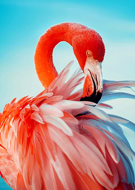 Flamingo Preening Against Blue Sky