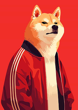 Shiba Dog in Red Tracksuit Cute Funny Minimalist Art Illustration