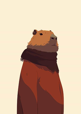 Capybara with Autumn Scarf Funny Cute Minimalist Art Illustration