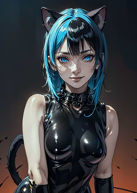 Anime Catgirl in Black Latex Outfit