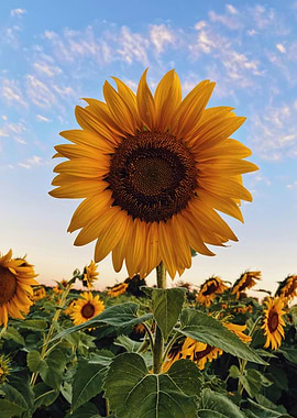 Sunflower field under a cloudy sky