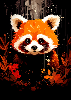 Red Panda Portrait with Autumnal Leaves